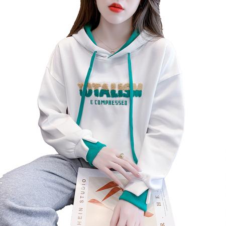 FA54525# 秋新款连帽绣花卫衣女时尚宽松拼色假两件外套上衣  服裝批發女裝批發服飾貨源