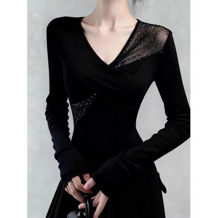 FA54528# 秋冬辣妹烫钻修身磨毛加绒打底衫女设计感拼接t恤上衣  服裝批發女裝批發服飾貨源