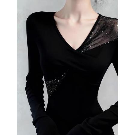 FA54528# 秋冬辣妹烫钻修身磨毛加绒打底衫女设计感拼接t恤上衣  服裝批發女裝批發服飾貨源