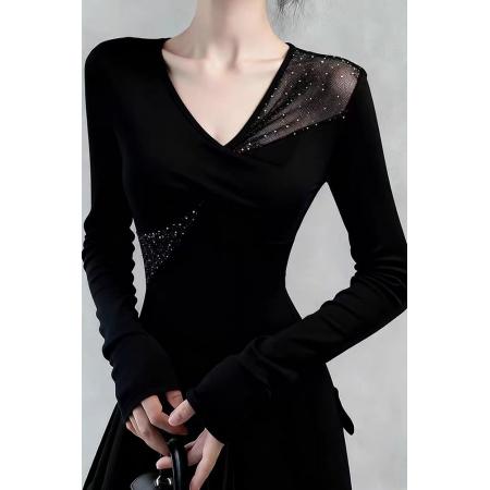 FA54528# 秋冬辣妹烫钻修身磨毛加绒打底衫女设计感拼接t恤上衣  服裝批發女裝批發服飾貨源