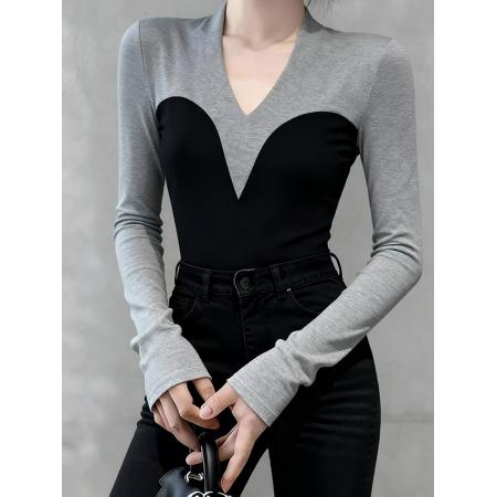 FA54529# 高端V领拼接撞色长袖针织衫女秋季修身显瘦弹力打底上衣  服裝批發女裝批發服飾貨源