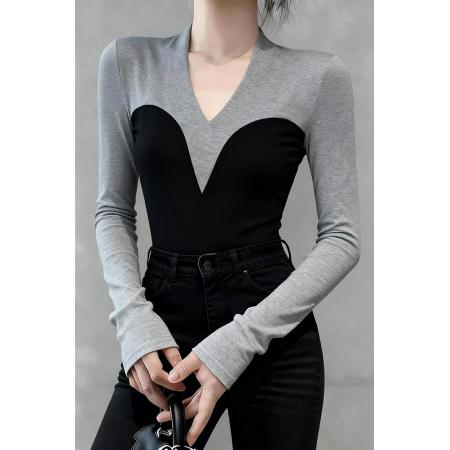 FA54529# 高端V领拼接撞色长袖针织衫女秋季修身显瘦弹力打底上衣  服裝批發女裝批發服飾貨源
