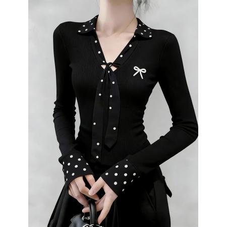 FA54530# 黑色波点polo领正肩长袖t恤女秋季设计感修身短款内搭打底衫上衣  服裝批發女裝批發服飾貨源