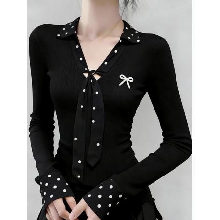 FA54530# 黑色波点polo领正肩长袖t恤女秋季设计感修身短款内搭打底衫上衣  服裝批發女裝批發服飾貨源
