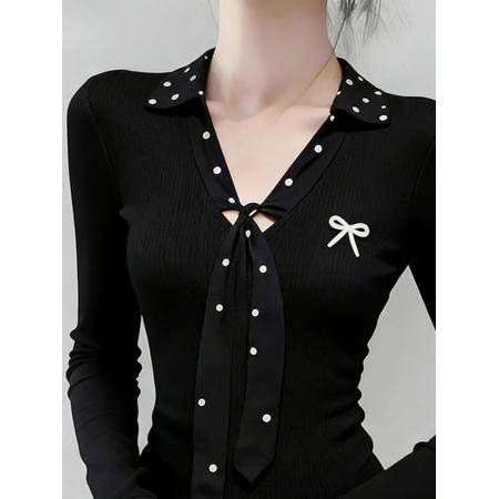 FA54530# 黑色波点polo领正肩长袖t恤女秋季设计感修身短款内搭打底衫上衣  服裝批發女裝批發服飾貨源