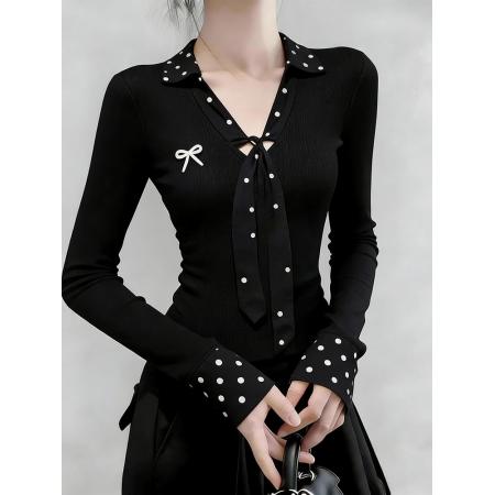 FA54530# 黑色波点polo领正肩长袖t恤女秋季设计感修身短款内搭打底衫上衣  服裝批發女裝批發服飾貨源