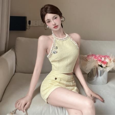 FA54531# 小香气质套装裤女夏高级感小个子挂脖无袖上衣高腰裙裤两件套  服裝批發女裝批發服飾貨源