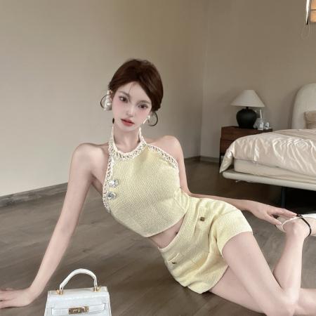 FA54531# 小香气质套装裤女夏高级感小个子挂脖无袖上衣高腰裙裤两件套  服裝批發女裝批發服飾貨源