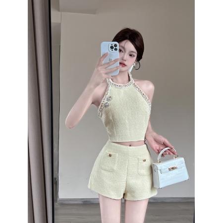 FA54531# 小香气质套装裤女夏高级感小个子挂脖无袖上衣高腰裙裤两件套  服裝批發女裝批發服飾貨源