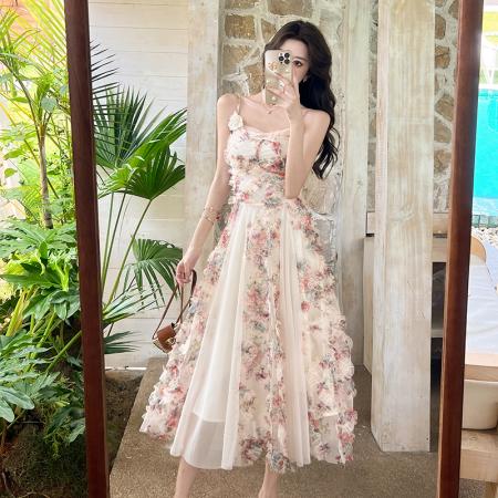FA54533# 一生罗曼法式度假风连衣裙女春夏碎花高级感网纱拼接吊带长裙  服裝批發女裝批發服飾貨源