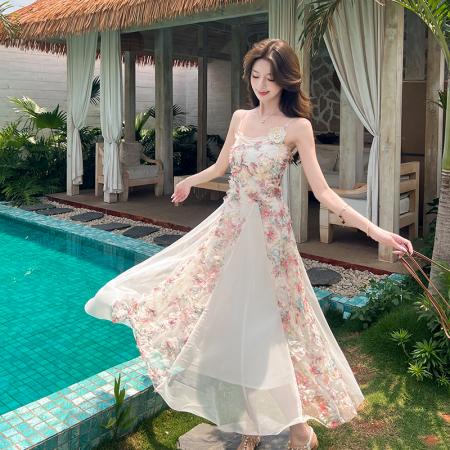 FA54533# 一生罗曼法式度假风连衣裙女春夏碎花高级感网纱拼接吊带长裙  服裝批發女裝批發服飾貨源