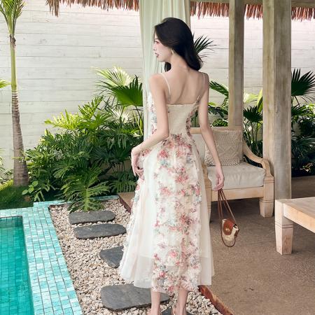 FA54533# 一生罗曼法式度假风连衣裙女春夏碎花高级感网纱拼接吊带长裙  服裝批發女裝批發服飾貨源