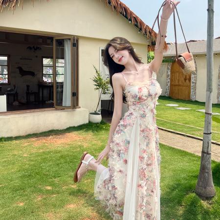 FA54533# 一生罗曼法式度假风连衣裙女春夏碎花高级感网纱拼接吊带长裙  服裝批發女裝批發服飾貨源