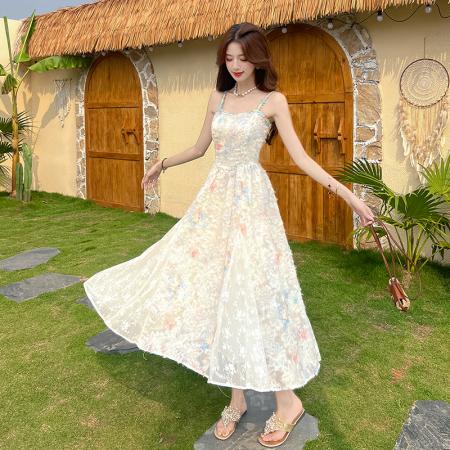 FA54535# 莫奈花园法式新款气质碎花春夏季吊带连衣裙度假风收腰长裙  服裝批發女裝批發服飾貨源