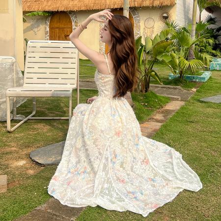 FA54535# 莫奈花园法式新款气质碎花春夏季吊带连衣裙度假风收腰长裙  服裝批發女裝批發服飾貨源