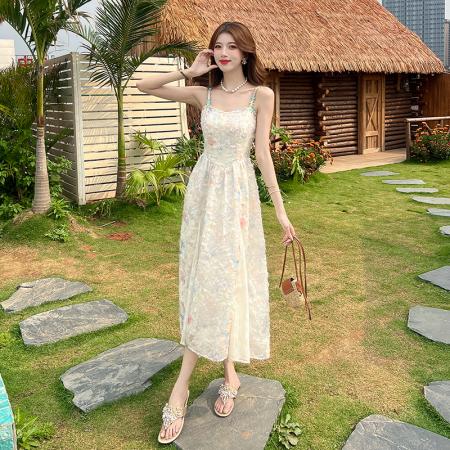 FA54535# 莫奈花园法式新款气质碎花春夏季吊带连衣裙度假风收腰长裙  服裝批發女裝批發服飾貨源