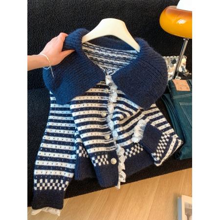 FA54537# 大翻领条纹开衫毛衣外套女秋冬加厚小个子短款外搭针织衫上衣  服裝批發女裝批發服飾貨源