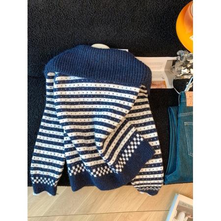 FA54537# 大翻领条纹开衫毛衣外套女秋冬加厚小个子短款外搭针织衫上衣  服裝批發女裝批發服飾貨源