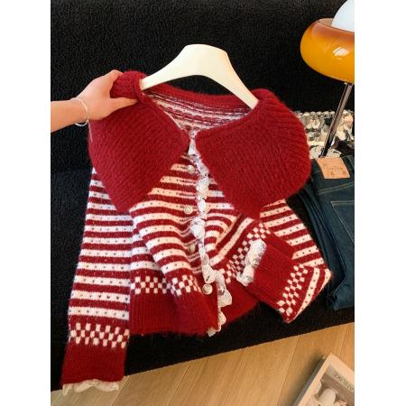 FA54537# 大翻领条纹开衫毛衣外套女秋冬加厚小个子短款外搭针织衫上衣  服裝批發女裝批發服飾貨源