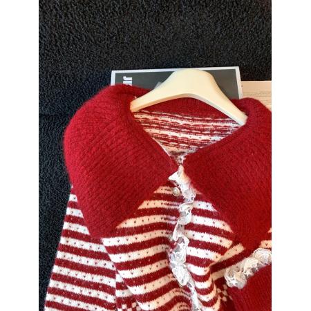 FA54537# 大翻领条纹开衫毛衣外套女秋冬加厚小个子短款外搭针织衫上衣  服裝批發女裝批發服飾貨源