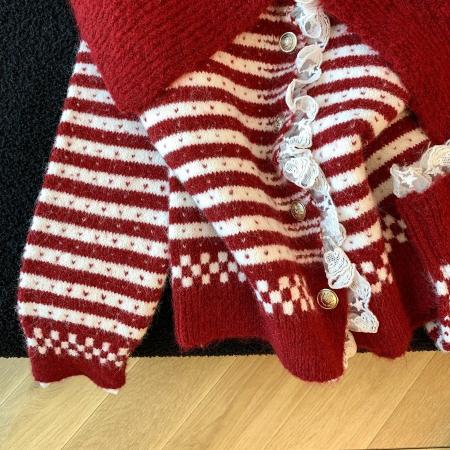 FA54537# 大翻领条纹开衫毛衣外套女秋冬加厚小个子短款外搭针织衫上衣  服裝批發女裝批發服飾貨源