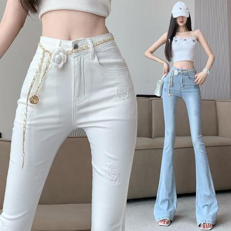 FA54540# 春夏新款高腰韩版个性玫瑰花压印牛仔喇叭裤女玫瑰花腰链  服裝批發女裝批發服飾貨源