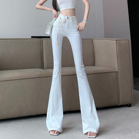 FA54540# 春夏新款高腰韩版个性玫瑰花压印牛仔喇叭裤女玫瑰花腰链  服裝批發女裝批發服飾貨源