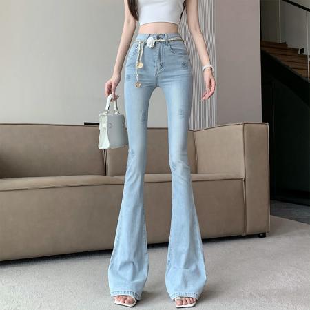 FA54540# 春夏新款高腰韩版个性玫瑰花压印牛仔喇叭裤女玫瑰花腰链  服裝批發女裝批發服飾貨源