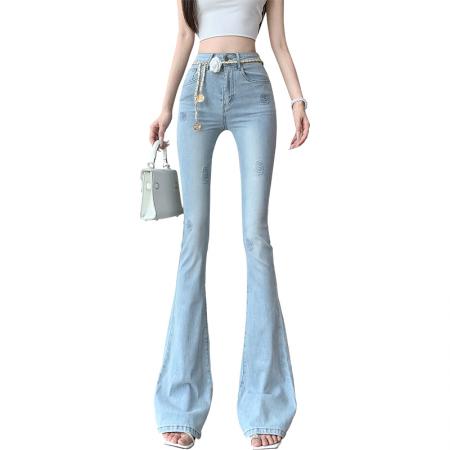 FA54540# 春夏新款高腰韩版个性玫瑰花压印牛仔喇叭裤女玫瑰花腰链  服裝批發女裝批發服飾貨源