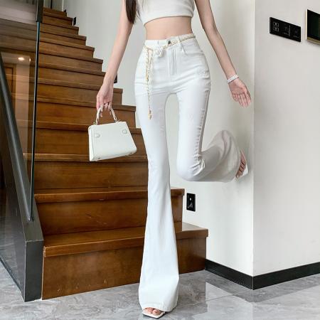 FA54540# 春夏新款高腰韩版个性玫瑰花压印牛仔喇叭裤女玫瑰花腰链  服裝批發女裝批發服飾貨源