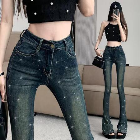 FA54541# 美式复古马蹄牛仔裤女重工钉珠烫钻高腰裤弹力紧身拖地微喇裤  服裝批發女裝批發服飾貨源
