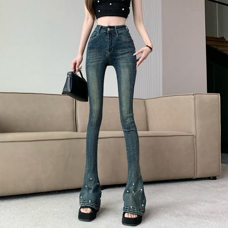 FA54541# 美式复古马蹄牛仔裤女重工钉珠烫钻高腰裤弹力紧身拖地微喇裤  服裝批發女裝批發服飾貨源