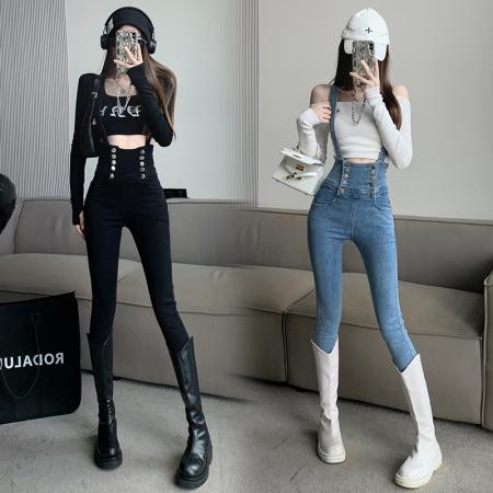 FA54542# 双排扣小脚背带牛仔裤女新款高腰时尚修身毛边铅笔裤潮  服裝批發女裝批發服飾貨源