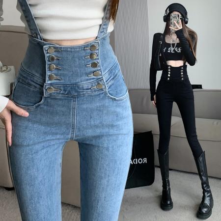 FA54542# 双排扣小脚背带牛仔裤女新款高腰时尚修身毛边铅笔裤潮  服裝批發女裝批發服飾貨源