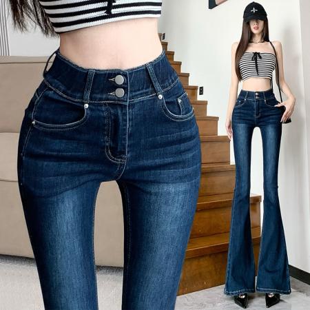 FA54543# 自带丰胯垫韩系纯欲掐腰丰胯双扣高腰弹力微喇叭裤牛仔长裤  服裝批發女裝批發服飾貨源