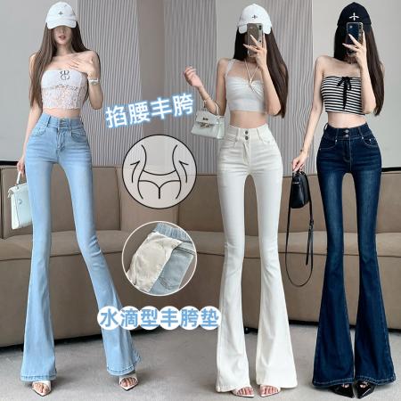 FA54543# 自带丰胯垫韩系纯欲掐腰丰胯双扣高腰弹力微喇叭裤牛仔长裤  服裝批發女裝批發服飾貨源