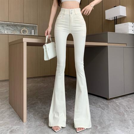 FA54543# 自带丰胯垫韩系纯欲掐腰丰胯双扣高腰弹力微喇叭裤牛仔长裤  服裝批發女裝批發服飾貨源