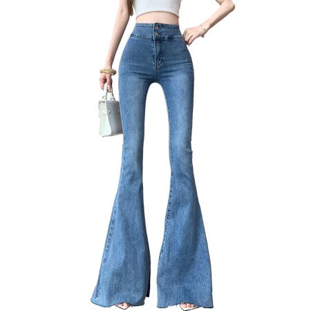 FA54544# 丰胯大喇叭裤修身提臀鱼尾大喇叭拖地牛仔裤双扣高腰毛边脚  服裝批發女裝批發服飾貨源