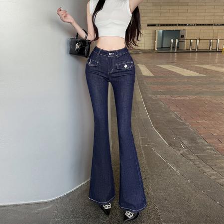 FA54545# 丰垮撞色线装饰牛仔裤女春季复古修身显瘦百搭微喇拖地长裤  服裝批發女裝批發服飾貨源