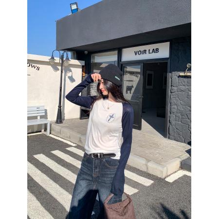 FA54547# 莱赛尔天丝羊毛插肩袖印花撞色长袖T恤女春新款显瘦上衣  服裝批發女裝批發服飾貨源