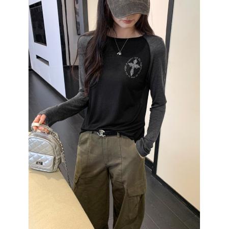 FA54547# 莱赛尔天丝羊毛插肩袖印花撞色长袖T恤女春新款显瘦上衣  服裝批發女裝批發服飾貨源