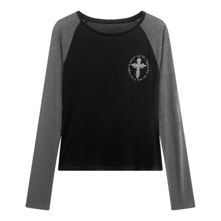 FA54547# 莱赛尔天丝羊毛插肩袖印花撞色长袖T恤女春新款显瘦上衣  服裝批發女裝批發服飾貨源