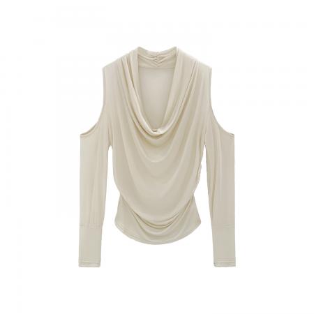 FA54548# 图莱赛尔天丝褶皱荡领长袖T恤女春季新款露肩百搭小上衣  服裝批發女裝批發服飾貨源