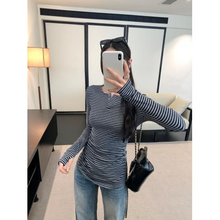 FA54549# 莱赛尔天丝绝美气条纹长袖T恤女春季新款内搭可外穿打底  服裝批發女裝批發服飾貨源
