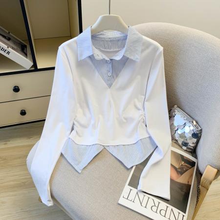 FA54551# 早春新款通勤翻领拼接假两件长袖上衣女韩版百搭T恤  服裝批發女裝批發服飾貨源