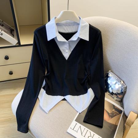 FA54551# 早春新款通勤翻领拼接假两件长袖上衣女韩版百搭T恤  服裝批發女裝批發服飾貨源