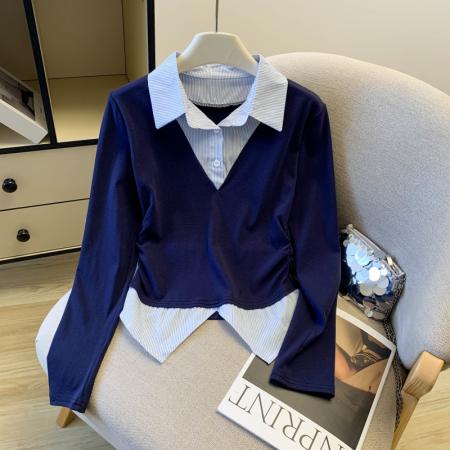 FA54551# 早春新款通勤翻领拼接假两件长袖上衣女韩版百搭T恤  服裝批發女裝批發服飾貨源