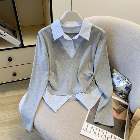 FA54551# 早春新款通勤翻领拼接假两件长袖上衣女韩版百搭T恤  服裝批發女裝批發服飾貨源