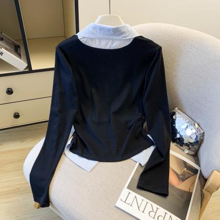FA54551# 早春新款通勤翻领拼接假两件长袖上衣女韩版百搭T恤  服裝批發女裝批發服飾貨源