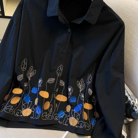 FA54552# 春季新款学院风重工刺绣纯棉黑色衬衫女上衣  服裝批發女裝批發服飾貨源